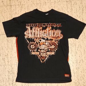 Affliction American Customs Full Graphic Spellout Logo T Shirt Black And Orange